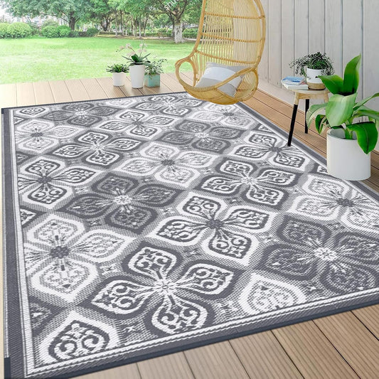 Pauwer Reversible Outdoor Rug, 6'x9', Waterproof, Polypropylene, Clover Grey, Area Rug for Patio, RV, Camping, Picnic, Backyard, Deck, Balcony, Porch
