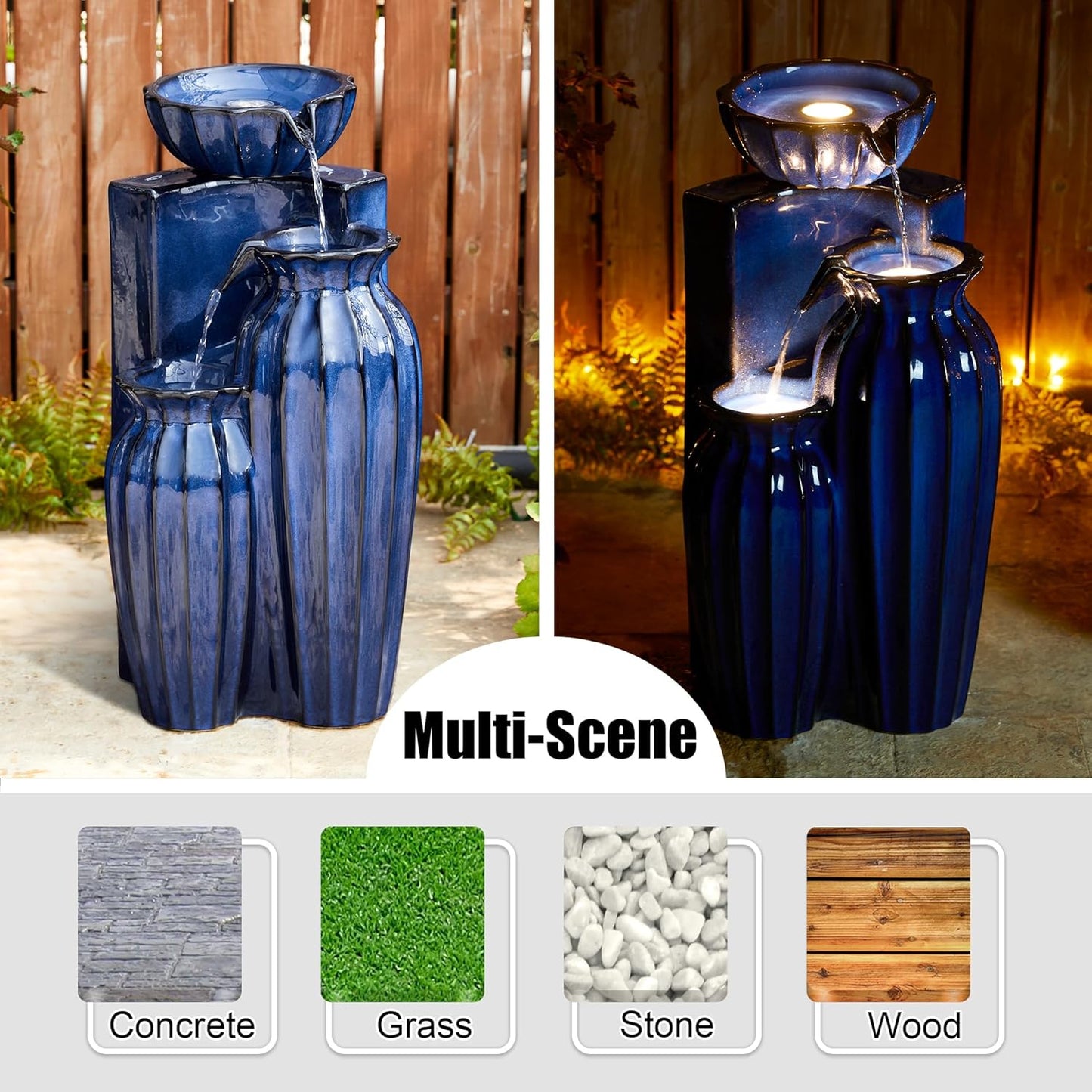 Glitzhome 26.75" H Ceramic Outdoor Water Fountain with LED Lights and Pump, Cobalt Blue Fluted Texture Cascading Waterfall Floor Standing Fountain for Porch Deck Garden Patio Backyard