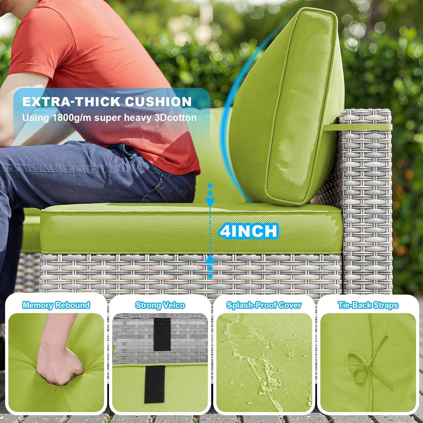 17-Piece Patio Furniture Set, Outdoor Patio Furniture with Swivel Chairs Set, Thick Cushions, Modular Patio Sofa, Dual-Strand Rattan, Rust-Resistant Frame, Grass Green