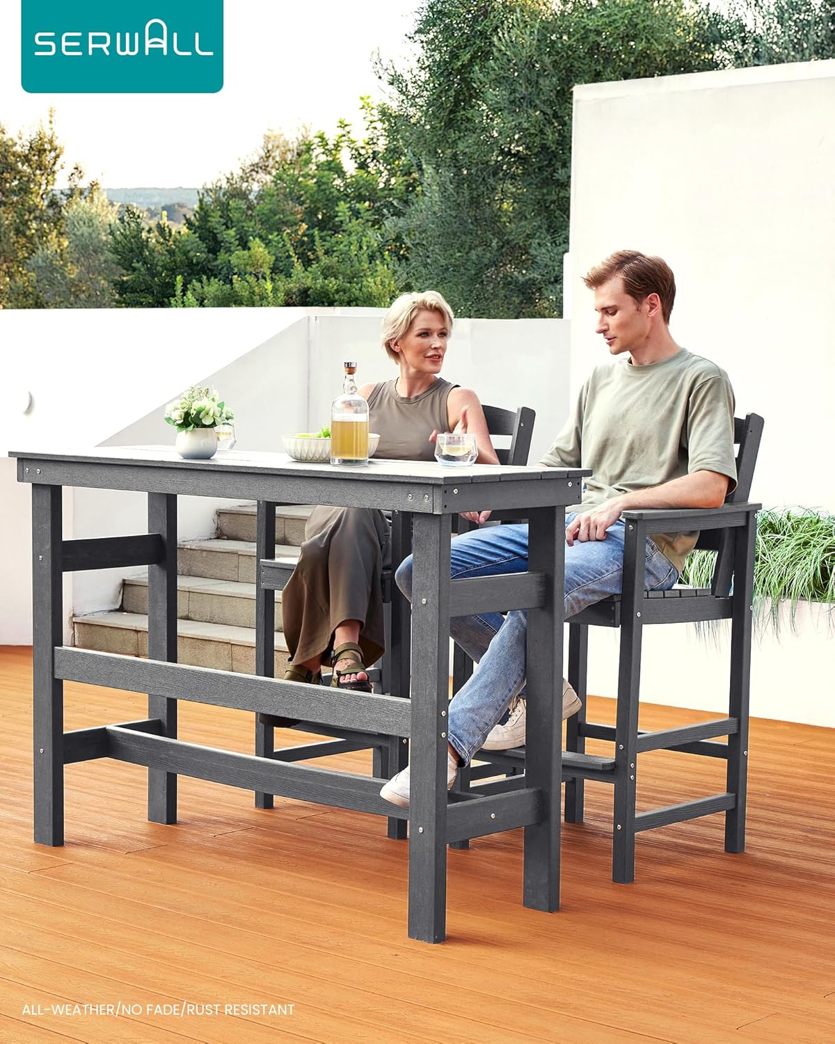 SERWALL 41" Outdoor Bar Table, All Weather HDPE Patio Bar Counter Height Table, Rectangle Patio Bar Table for Outside, Garden, Backyard, Balcony, Poolside, Grey