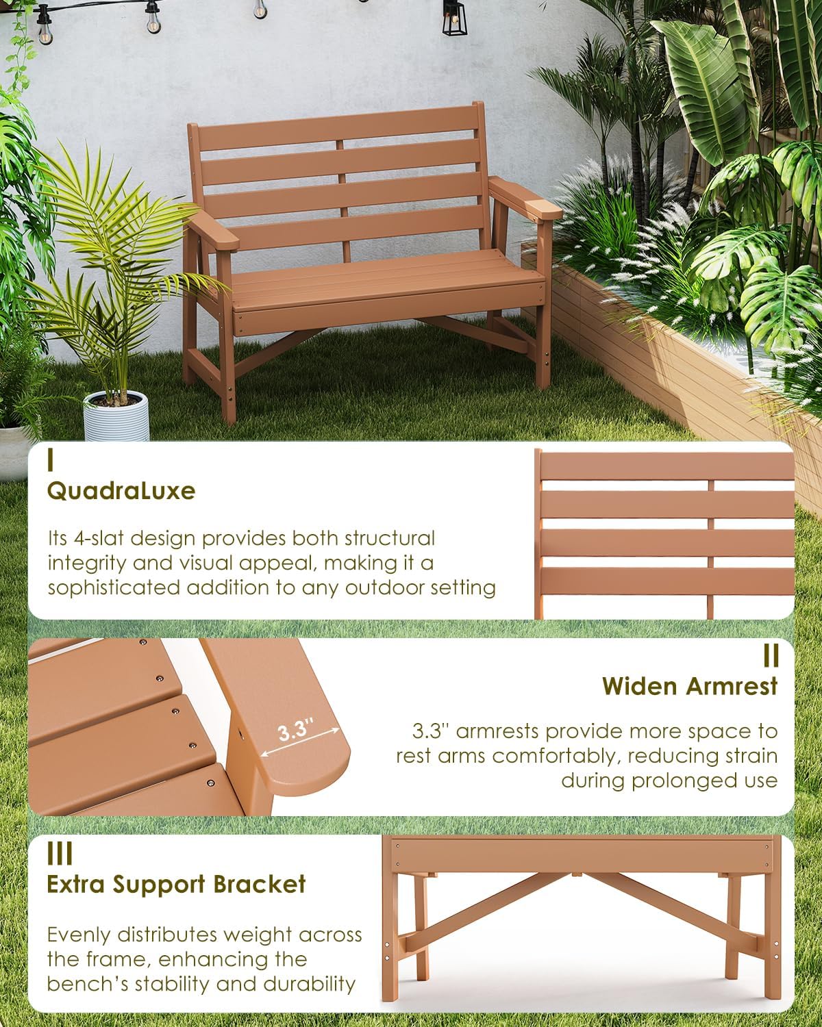 GREENVINES Outdoor Bench | 51.5’’ | HDPE | Garden Benches | Weatherproof | for Outdoors Patio Park Porch Outside Backyard | 2-Person | Teak