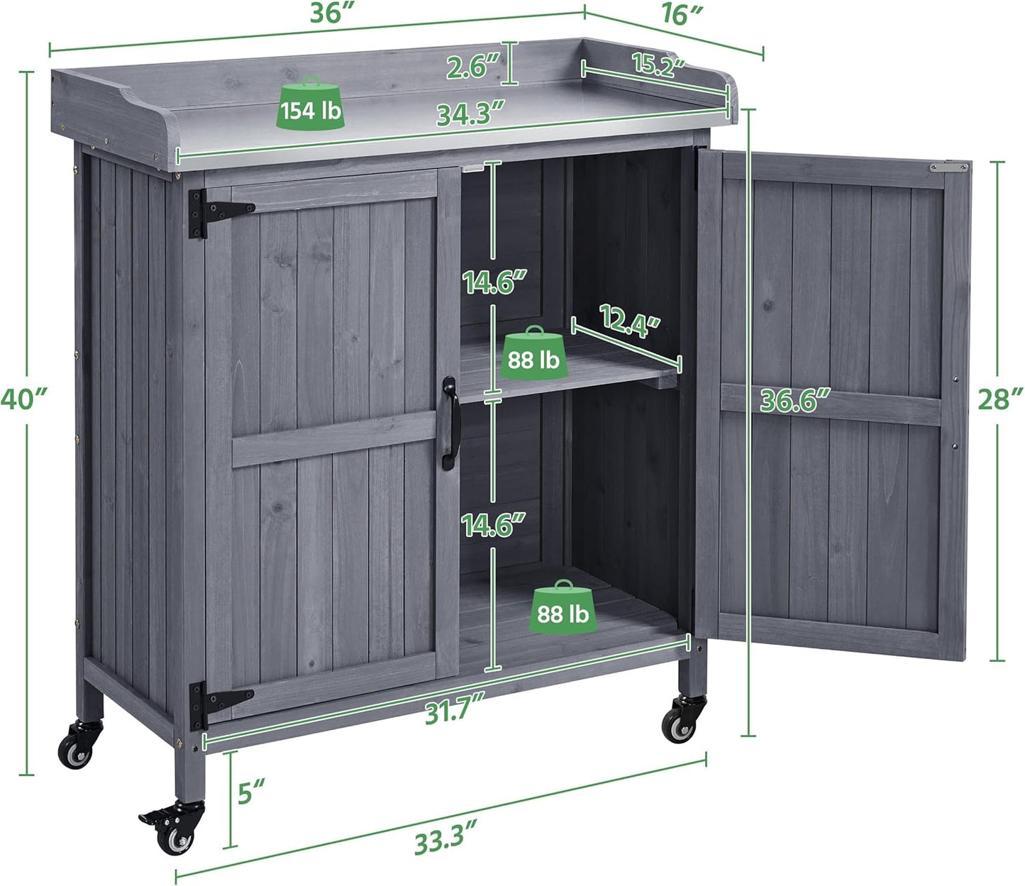Yaheetech Garden Potting Bench Table, Outdoor Garden Horticultural Wooden Storage Cabinet & Solid Wood Planting Work Bench with Large Space Storage & Metal-Plated Tabletop, Gray