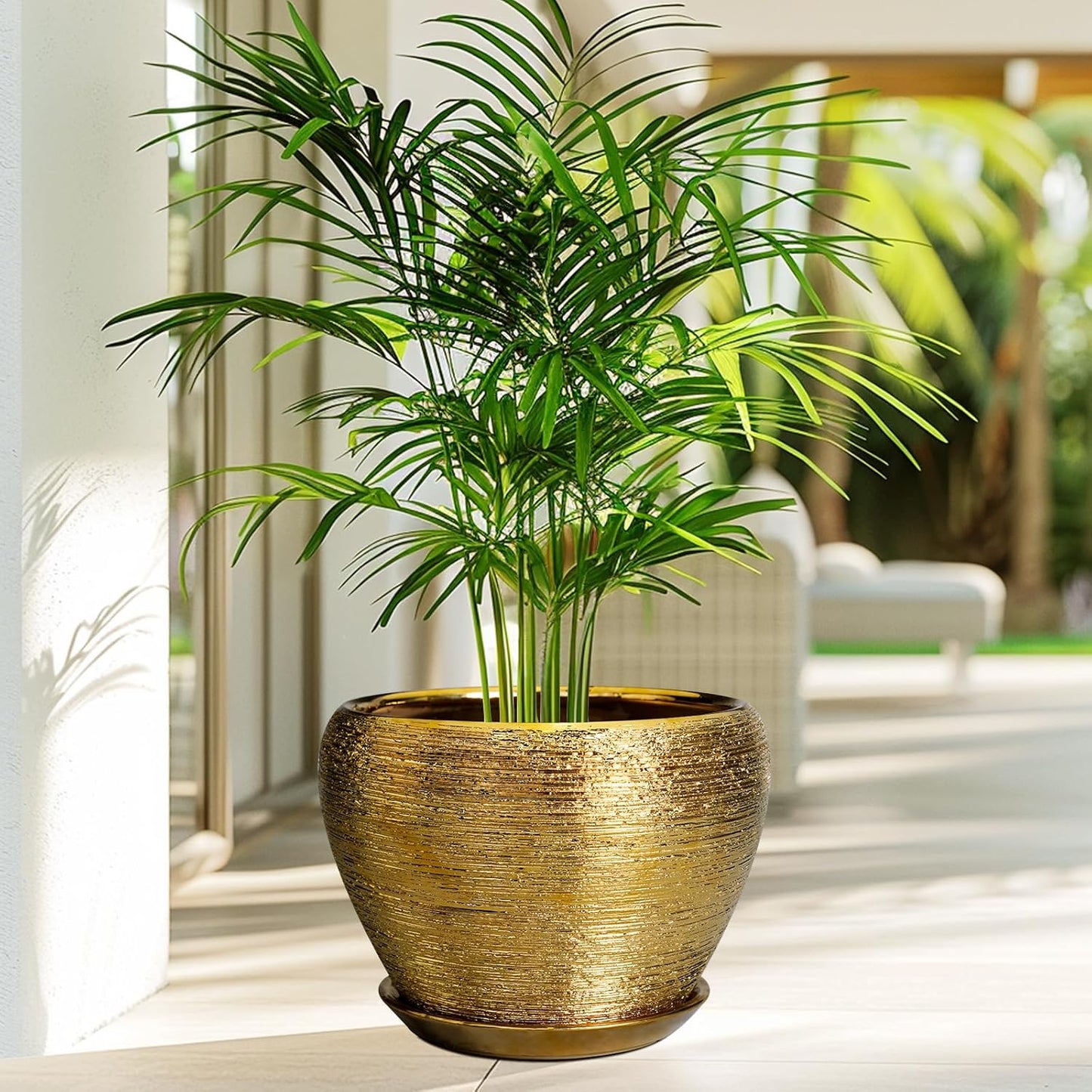 Ceramic Planter 10 Inch - Indoor Plant Pot with Drainage Hole and Saucer Large Decorative Planter Mid-Century Modern Flower Pot Outdoor for Home Decor Gold