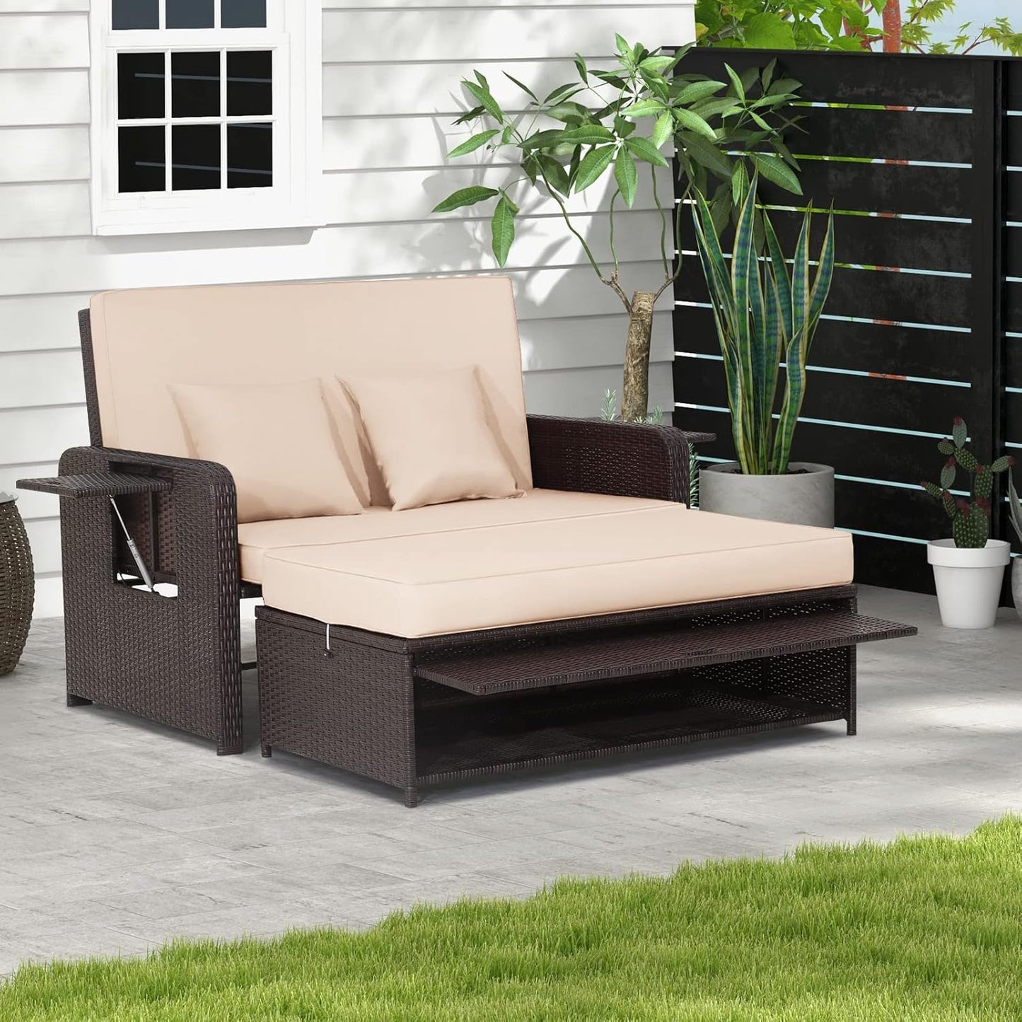 Tangkula Patio Rattan Daybed, Patiojoy Wicker Loveseat Sofa w/Multipurpose Ottoman & Retractable Side Tray, 4-Level Adjustable Backrest, Footstool w/Storage, Seat & Back Cushion Included (Beige)