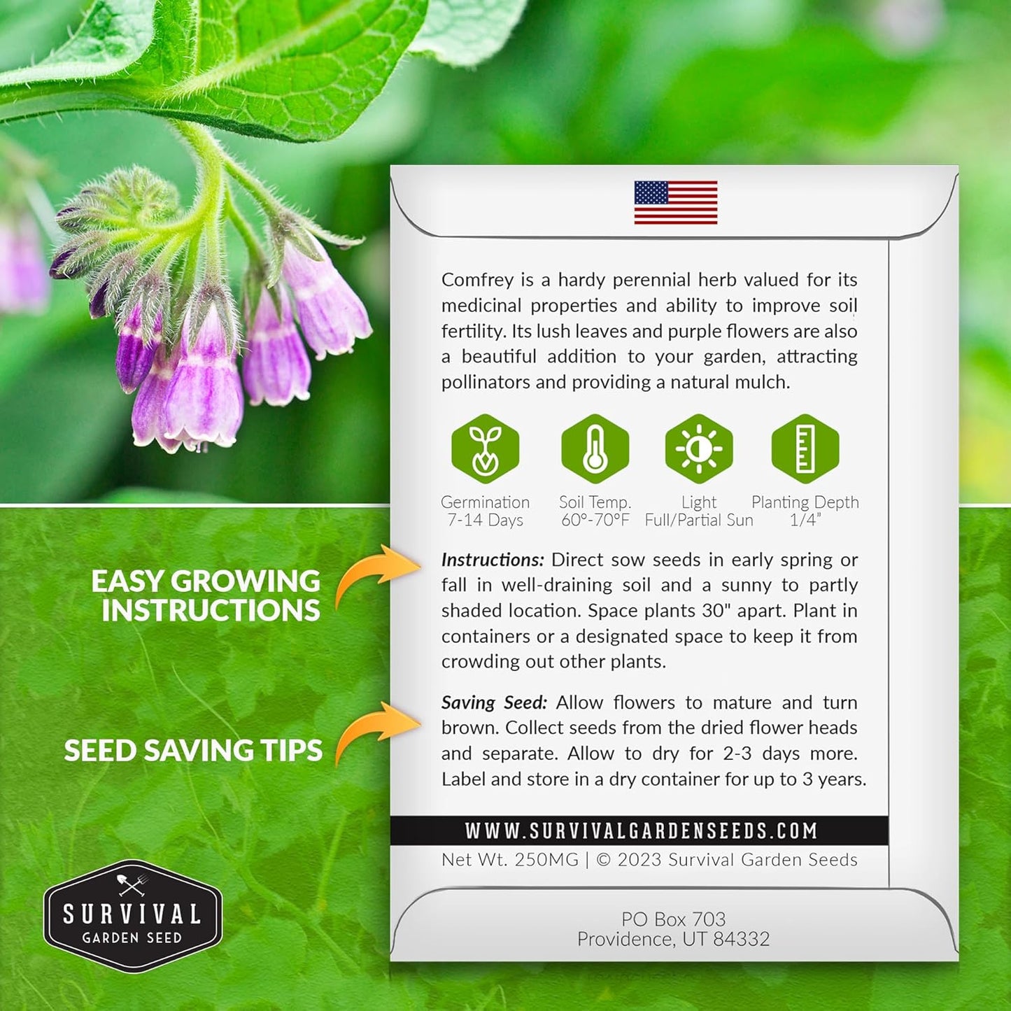 Survival Garden Seeds Comfrey Seed for Planting - 1 Packet with Instructions to Plant and Grow Slippery Root Plants in Your Home Herb Garden - Symphytum officinale - Non-GMO Heirloom Seed Variety