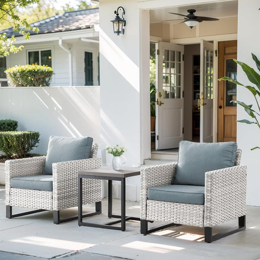 HUMMUH 3-Piece Outdoor PE Wicker Patio Chairs with Metal Frame, Porch Chairs with 4 inch Seat Cushions - Light Blue