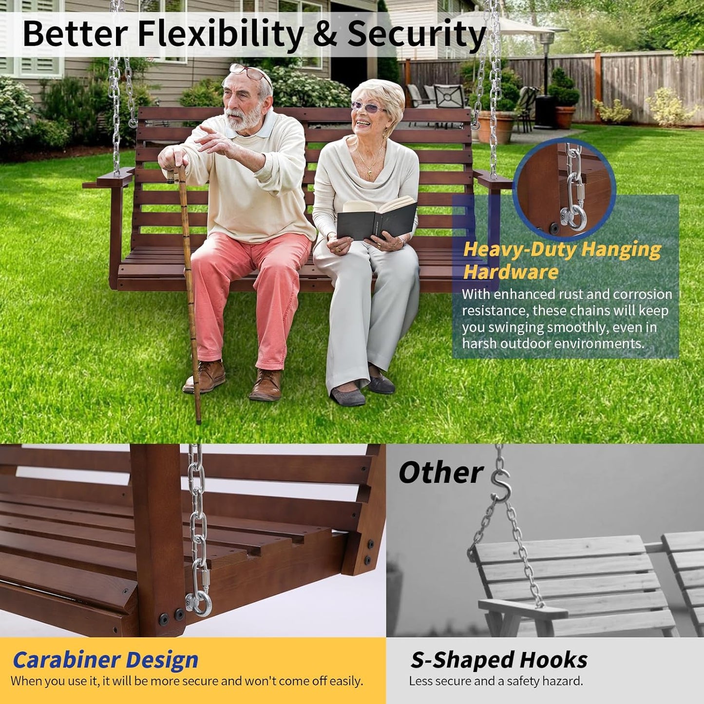 Wooden Porch Swing with Cup Holder, Outdoor Patio Swing Bench for Courtyard & Garden, Upgraded 4 FT Heavy Duty 880 LBS Porch Swing, Outdoor Swing with Hanging Chains, Brown