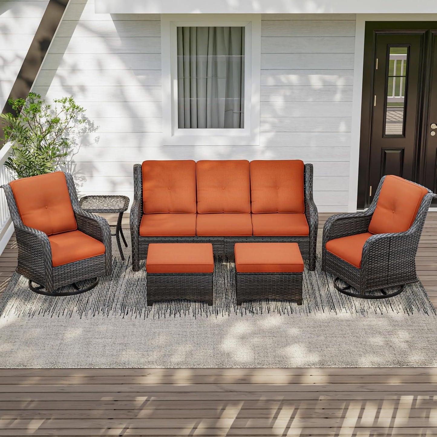 Wicker Patio Furniture Set 6 Piece, Outdoor Furniture Patio Conversation Set Includes 1 Three-Seat Sofa, 2 Swivel Rocker Chairs, 2 Ottomans and 1 Side Table,Orange