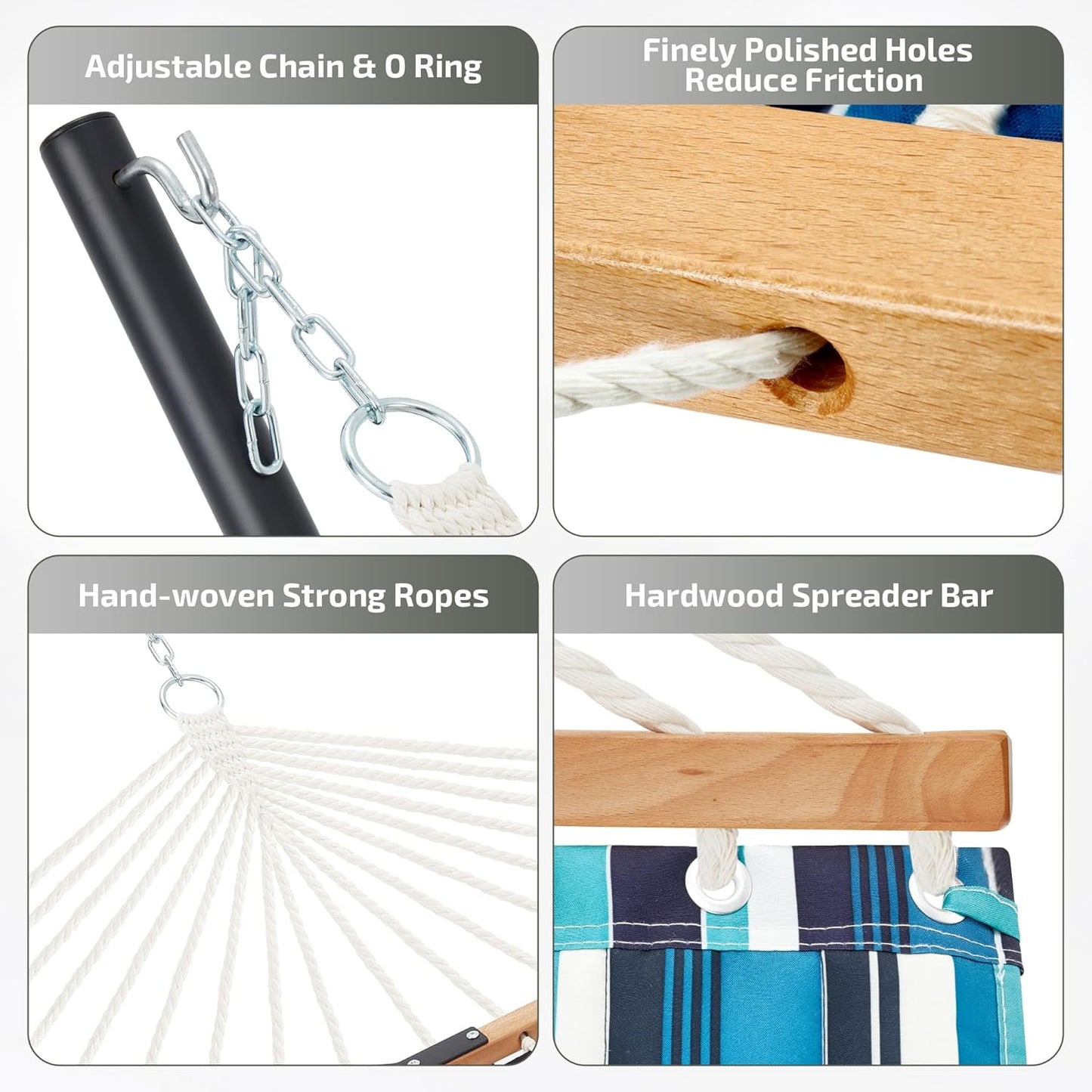 Two Person Hammock with Stand Heavy Duty, Outdoor Patio Hammock with Portable Steel Stand, Large Double Hammocks,480lbs Capacity.(Middle Blue Stripes)