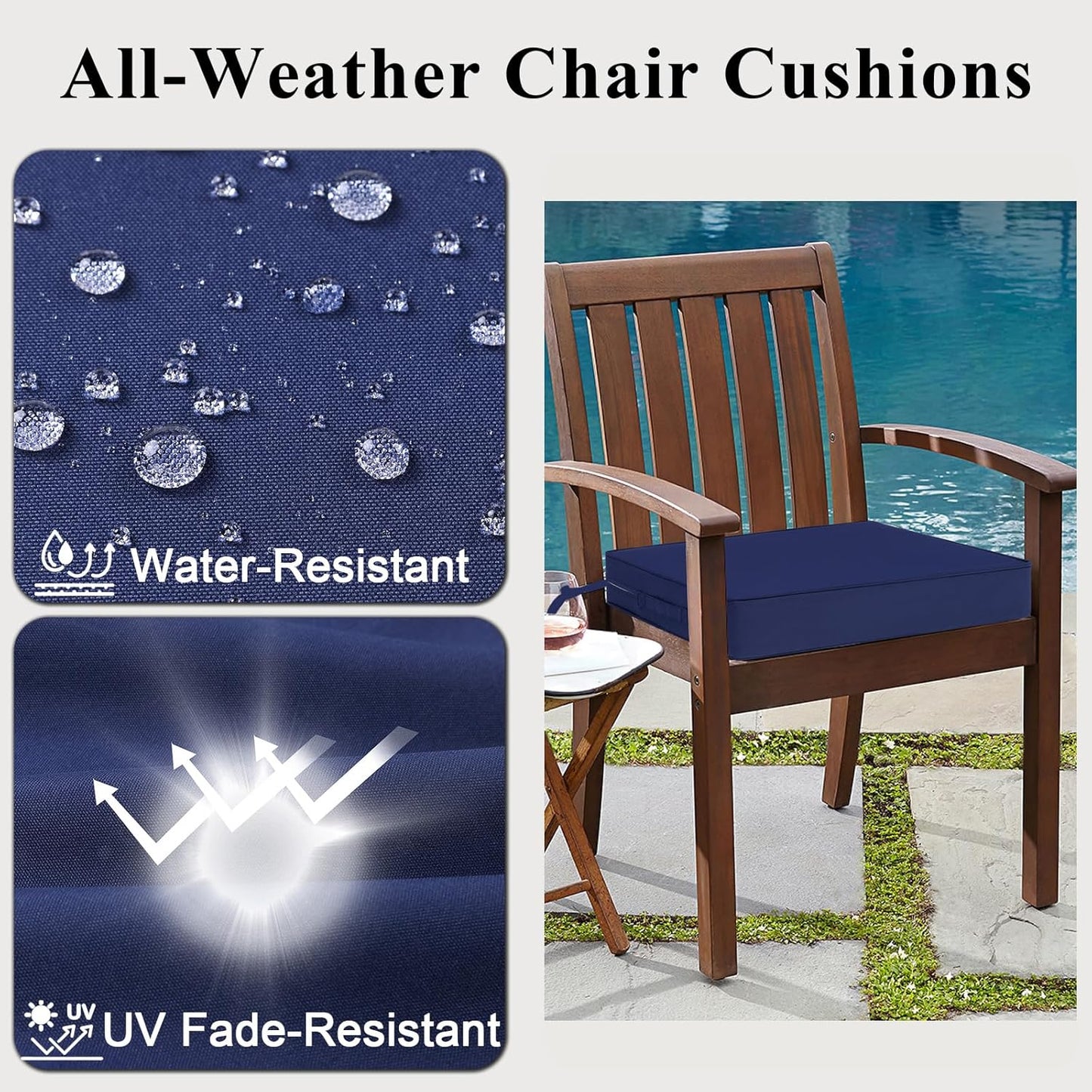 Outdoor Chair Cushions Set of 2 for Patio Furniture 19x19x4 Inch Waterproof Patio Chair Cushion 3 Year Color Fastness Square Elastic Foam Garden Sofa Couch Pads with Ties and Handle,Blue