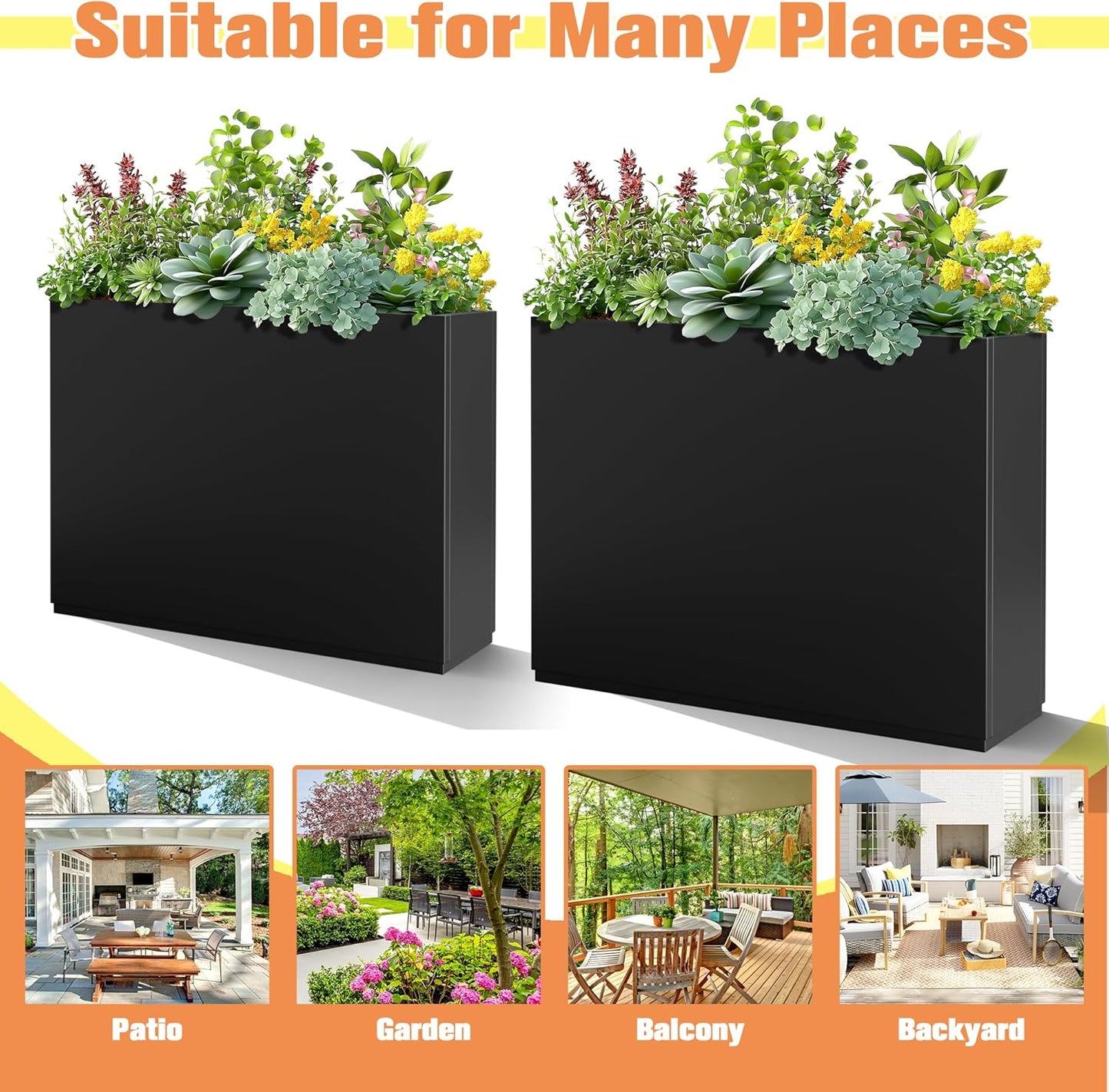 Rectangle Planter for Indoor & Outdoor, Tall and Long Planter Boxes with Drainage Holes, Mental Divider Planter Box All-Weather Use for Plants, Flowers, 35" L x 9" W x 26" H, Black