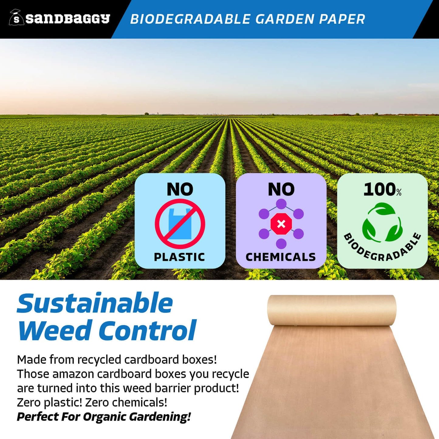 Sandbaggy Biodegradable Landscape Fabric - Garden Paper for Weeds - Paper Mulch Rolls - Made in America (2 ft x 475 ft, 10)