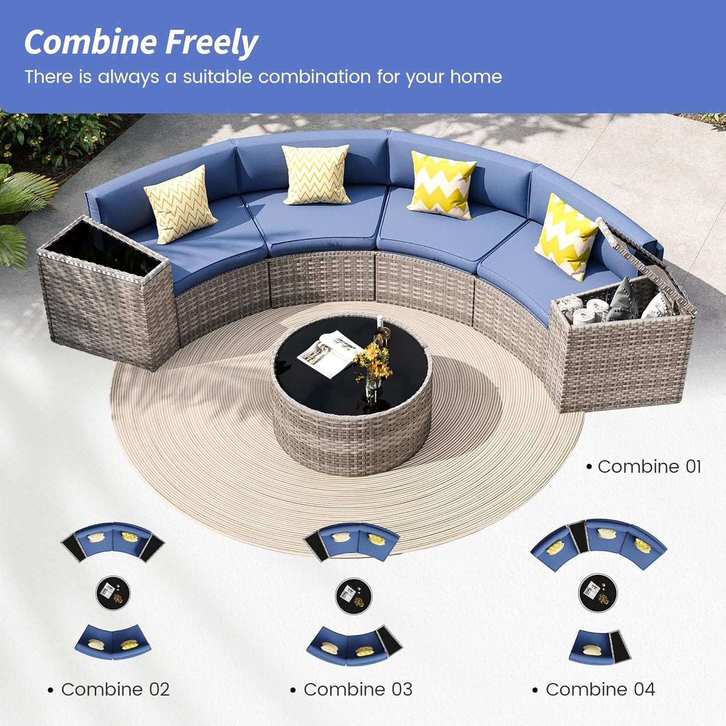 Patio Sectional Furniture Outdoor 7-Piece Grey Rattan Curved Sofa Set with Storage Table, Fit for Pool Backyard Balcony Porch Lawn (Navy)