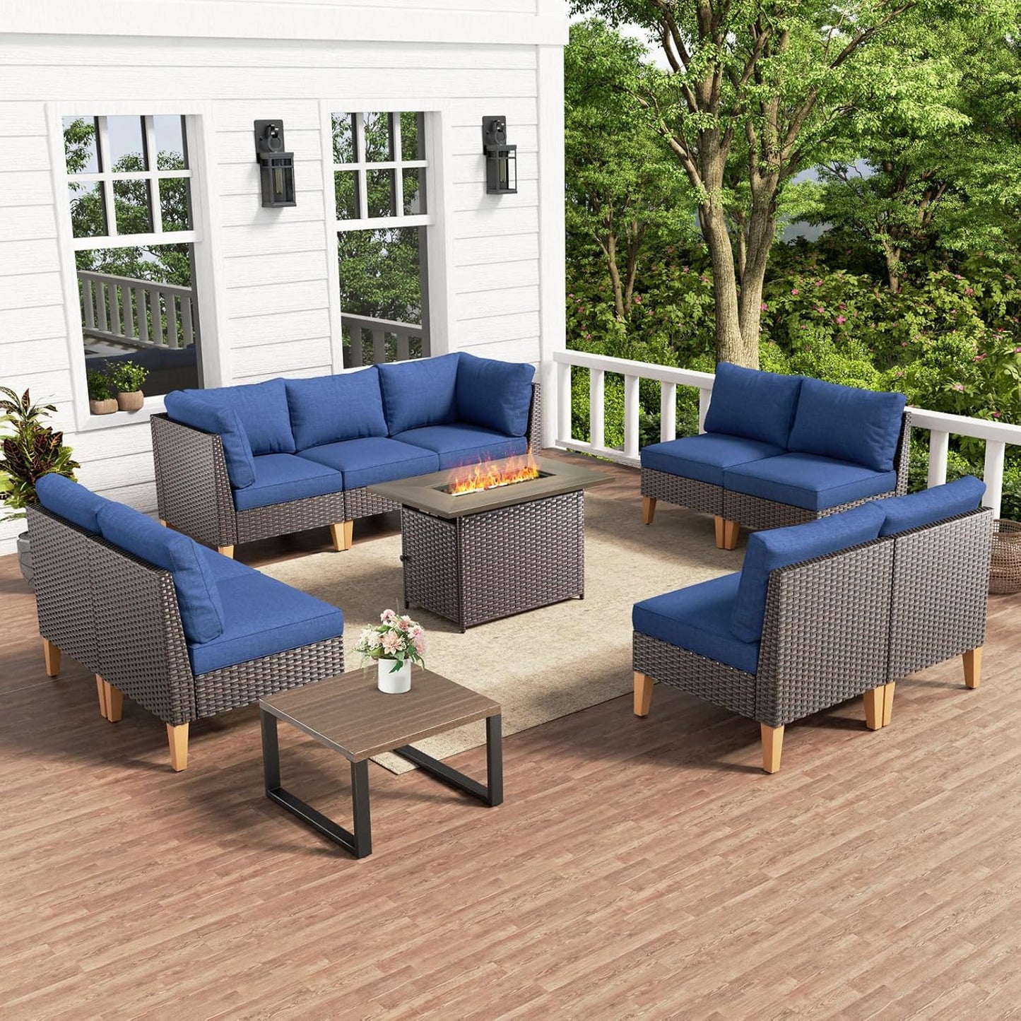 HUMMUH 11 Pieces Patio Furniture Set with Fire Pit,Outdoor Modular Sectional Couch Loveseat Chairs with Table,All Weather PE Wicker Patio Conversation Sets for Deck Porch Backyard