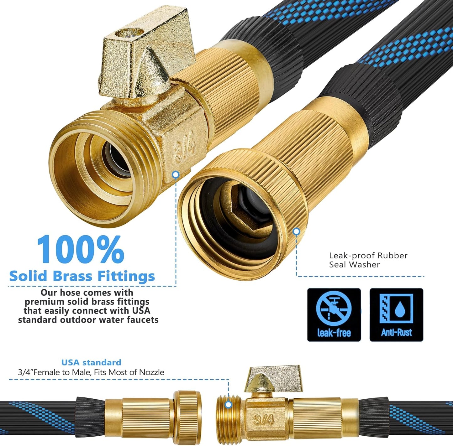 100 ft Garden Hose-No Kink,Heavy Duty,Lightweigh Flexible,Leakproof Water Hose with Sprayer Nozzle-3/4" Solid Brass Connectors-Rubber Car Hoses