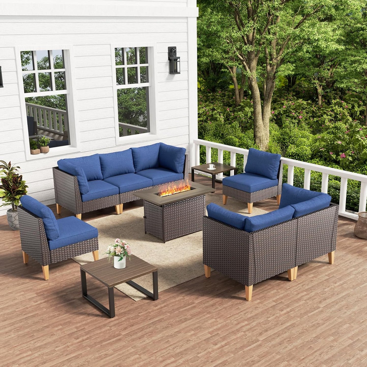 HUMMUH 10 Pieces Patio Furniture Set with Fire Pit,Outdoor Modular Sectional Couch Loveseat Chairs with Table,All Weather PE Wicker Patio Conversation Sets for Deck Porch Backyard