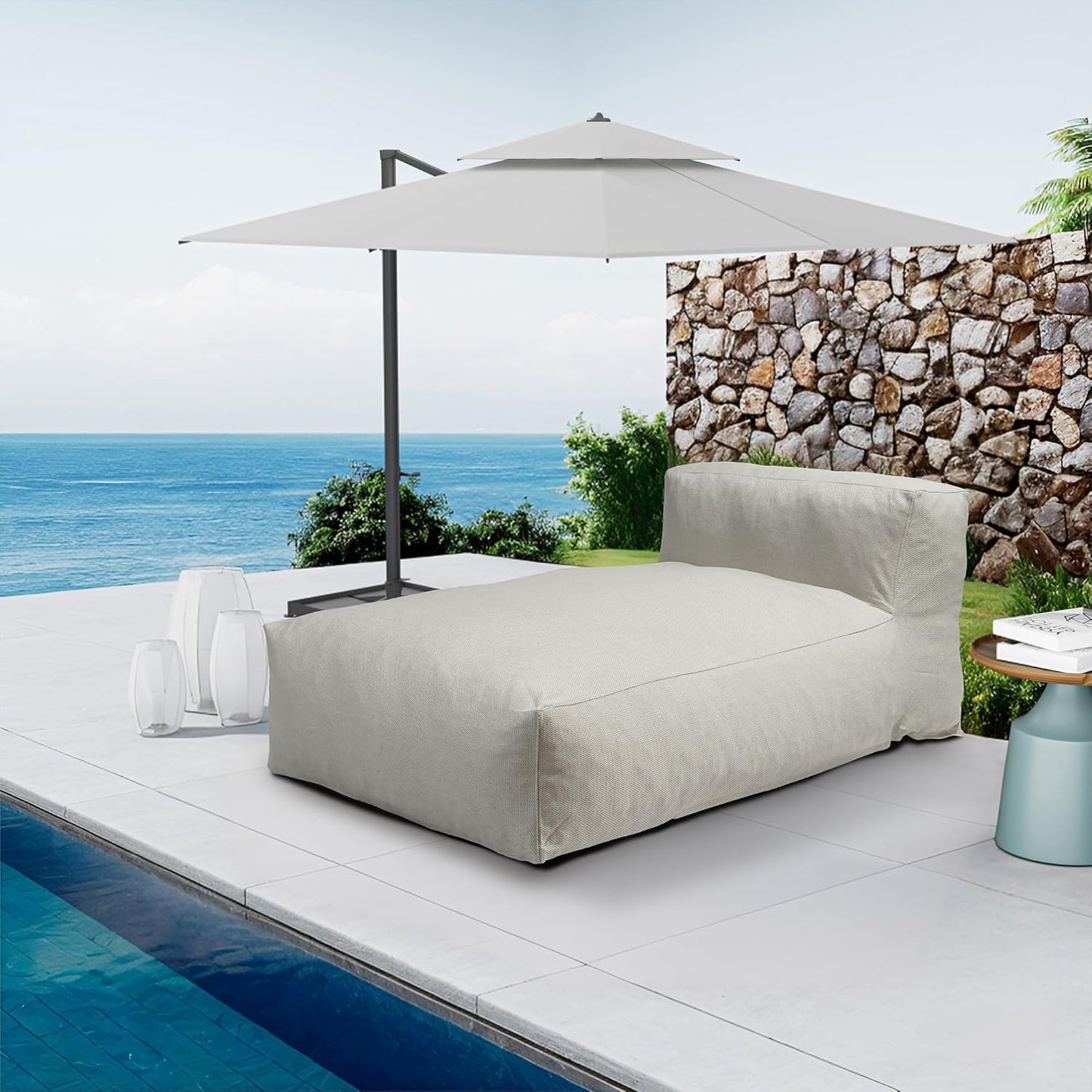 Outdoor Bean Bag Lounger Chair, Big Comfy Outdoor Daybed for Sunbathing and Tanning - Water-Resistant Patio Chaise and Pool Sun Lounger Furniture for Beach Deck (Ivory)