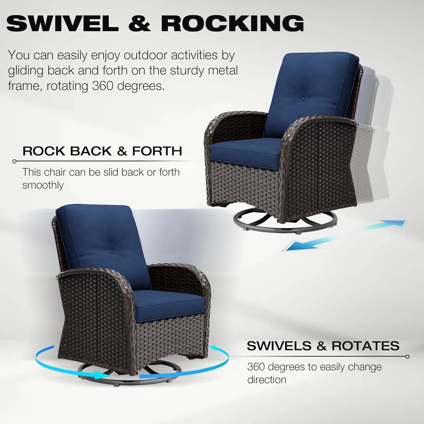 Joyside 6 Piece Patio Furniture Set, Outdoor Wicker Conversation Sets with Swivel Rocker Chairs and Sofa, Thick Cushion, Rattan Patio Sectional for Porch, Deck Use (Brown/Blue, 6 PCS)