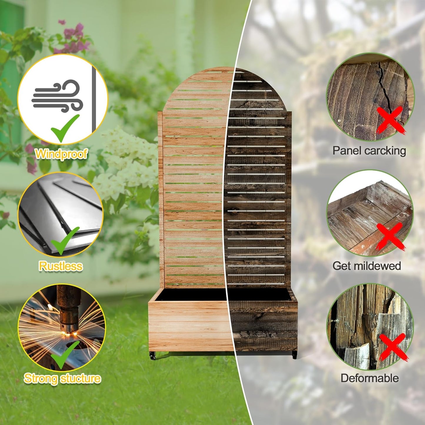 FENCY Metal Raised Garden Bed with Wheels and Trellis,Arched 73"x35"x16" Planter Box for Climbing Plants, Vegetables & Vines, Features Privacy Screen and Drainage Holes (Acacia Wood Finish)