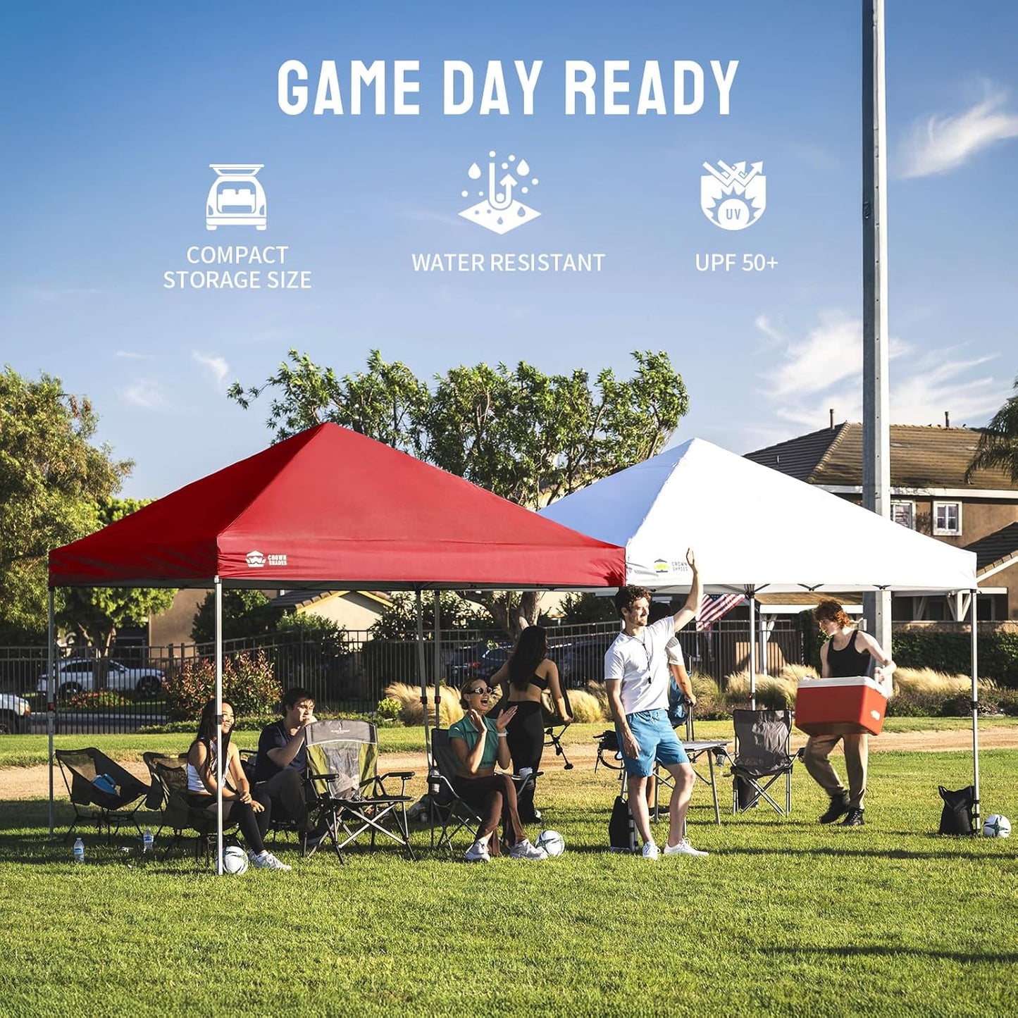 CROWN SHADES 8x8 Pop Up Canopy - Beach Tent with One Push Setup - Easy Outdoor Sun Shade for Events, Parties, Camping - Gazebo with STO-N-Go Cover Bag, Silver Coated Top, Red