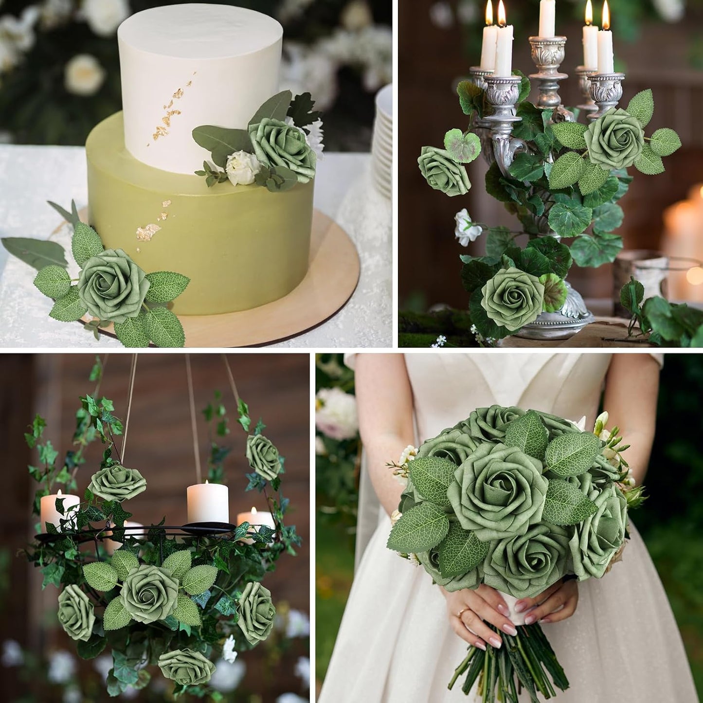 AmyHomie Artificial Flowers Green Rose 25pcs Real Looking Fake Roses w/Stem for DIY Wedding Bouquets Centerpieces Arrangements Party Baby Shower Home Decorations