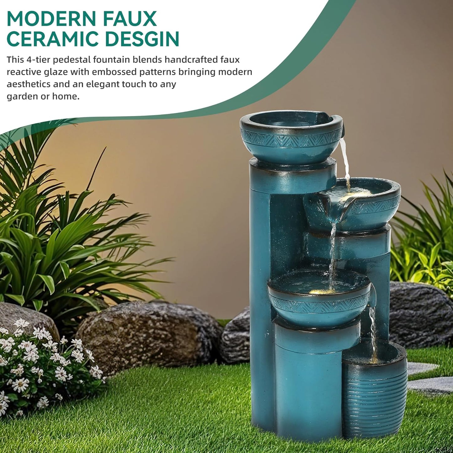 Autodaya 19.3" H Pedestal Outdoor Water Fountain with LED Lights and Pump, 4-Tier Cascading Water Feature, Tranuil Waterfall for Relaxing Garden, Patio, Yard, or Porch, Turquoise, Faux Ceramic Finish
