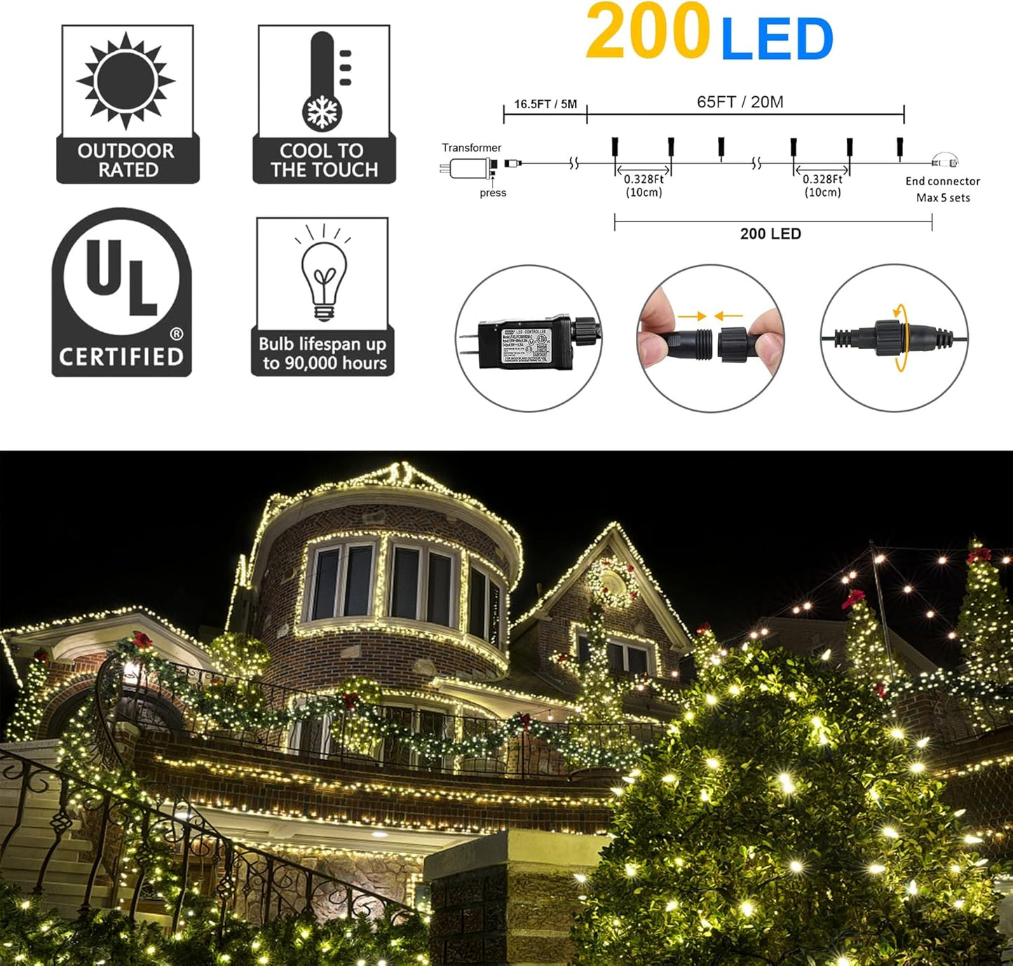 weillsnow 66 FT 200 LED Warm White Christmas Lights,Plug in Waterproof String Lights,8 Lighting Modes with Memory for Outdoor Indoor Garden Tree Christmas Party Decorations(Warm White)