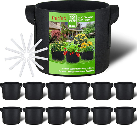 PHYEX 12-Pack 15 Gallon Grow Bags, Heavy Duty Fabric Pots with Handles, Reusable Plant Bags for Vegetable, Herbs & Flowers, BPA-Free, Breathable, Durable