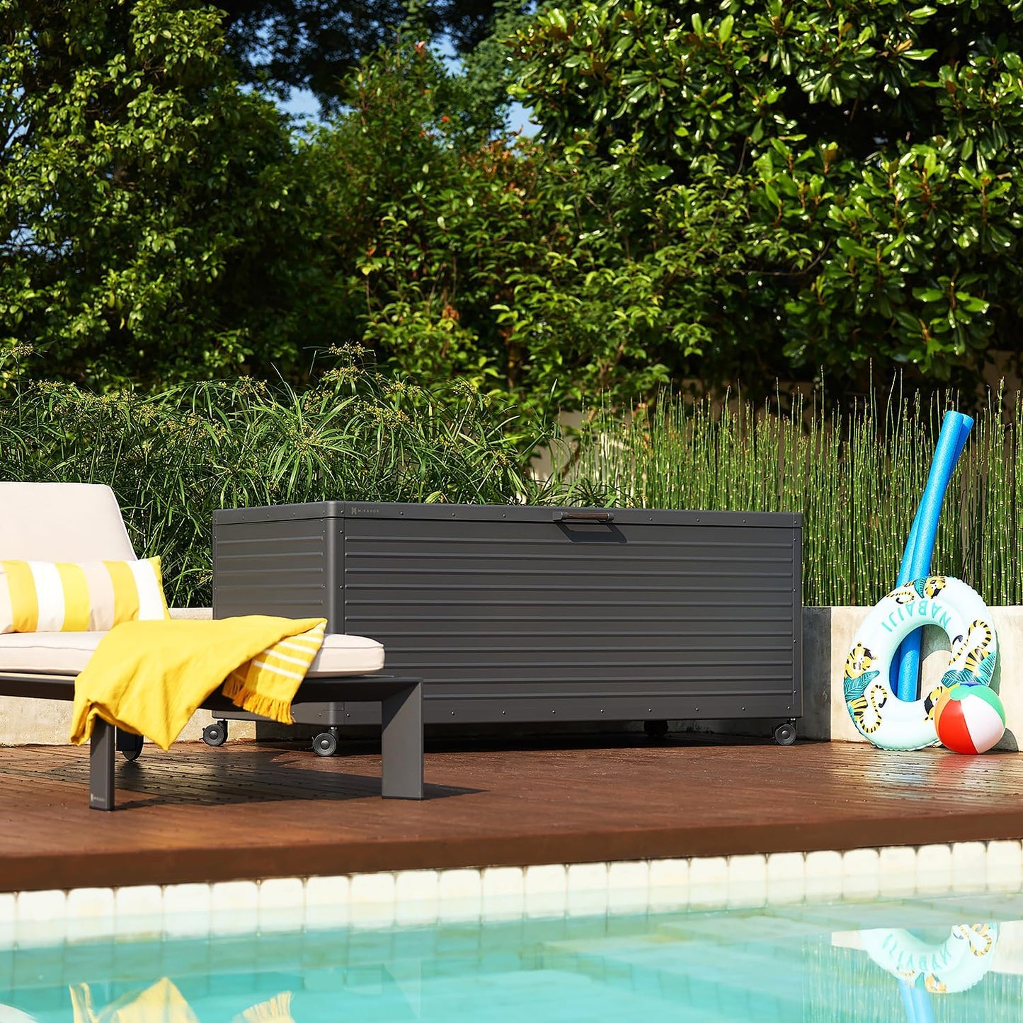 281 Gallon Outdoor Storage Box Waterproof with Wheels, Metal Deck Boxfor Patio Furniture, Garden Tools, Outdoor Cushion, Charcoal