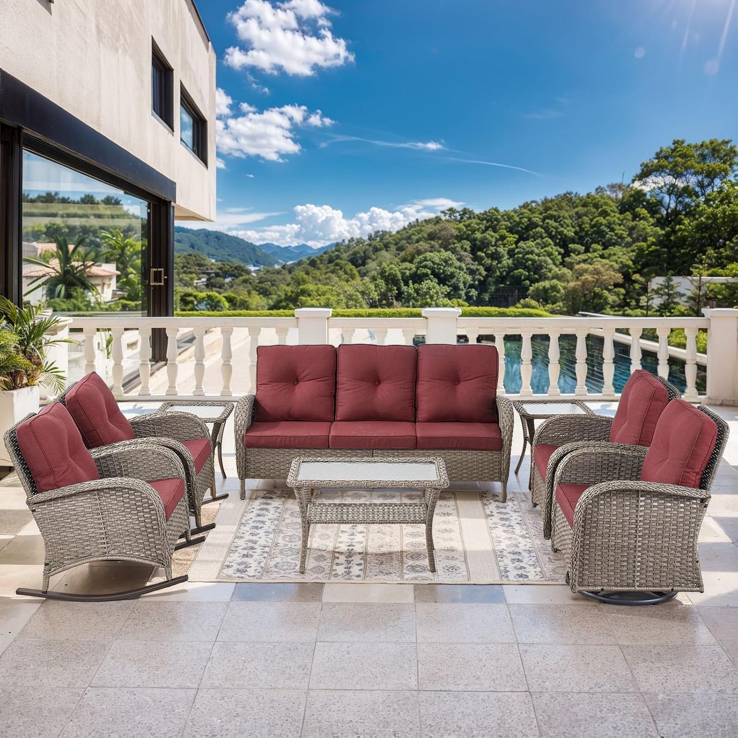 HUMMUH Outdoor Furniture-8 Piece Wicker Patio Furniture Set with Patio Swivel Chair Wicker Rattan Couch with Outdoor Rocking Chair Patio Conversation Set for Deck Lawn Porch Balcony Poolside-Grey/Red