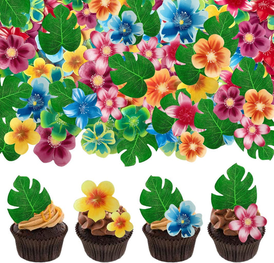 88 pieces of edible green leaf cake decorations, mixed leaf and flower cupcake decorations for Hawaiian themed festive wedding birthday party supplies.