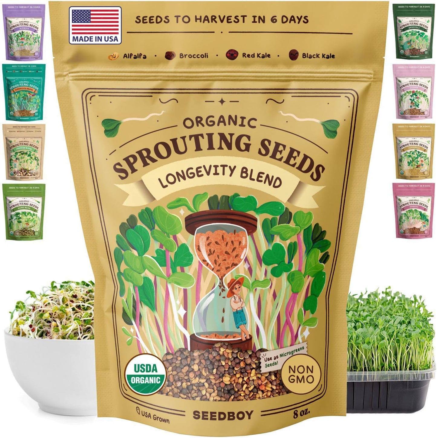 Seedboy Organic Sprouting Seeds - Longevity Blend- Non-GMO, USA Grown Microgreens Mix - Broccoli, Red Kale, Black Kale, Alfalfa - Makes Over 6 Quarts of Sprouts, 20 Servings (8 oz) (Longevity Blend)