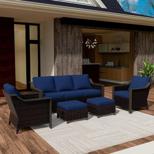 5 Piece Wicker Patio Conversation Set, All-Weather Use Outdoor 2 PE Rattan Chair, 2 Ottoman, 1 Patio Sofa, Removable Water-Resistant Cushion, Ideal for Porch, Backyard, Balcony, Poolside, Blue