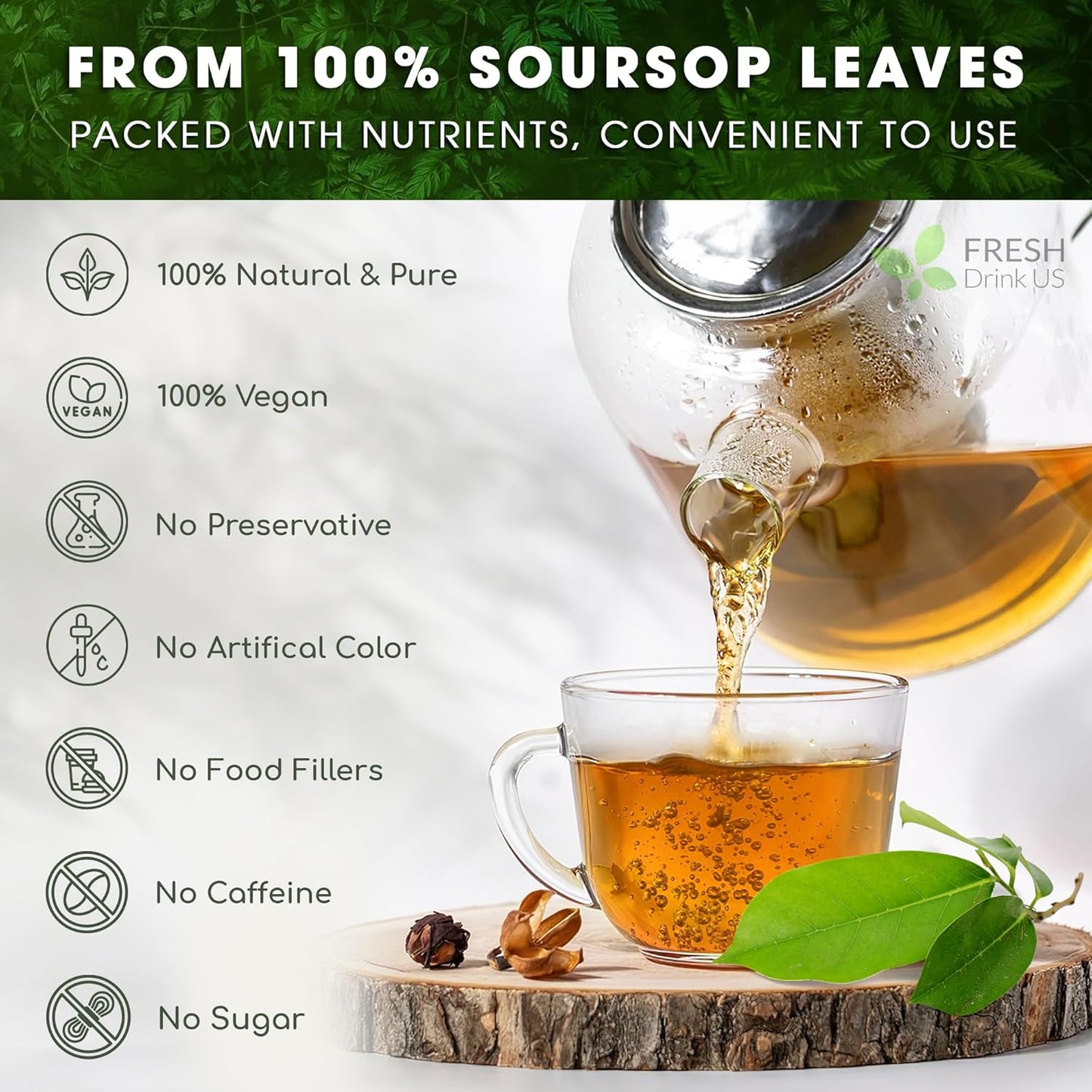 FreshDrinkUS, Premium 30+ Soursop Graviola Dried Leaves, Natural Whole Soursop Leaves, Wildcrafted, Hoja Guanabana, Loose Leaf Herbal Tea, No Gluten, Vegan