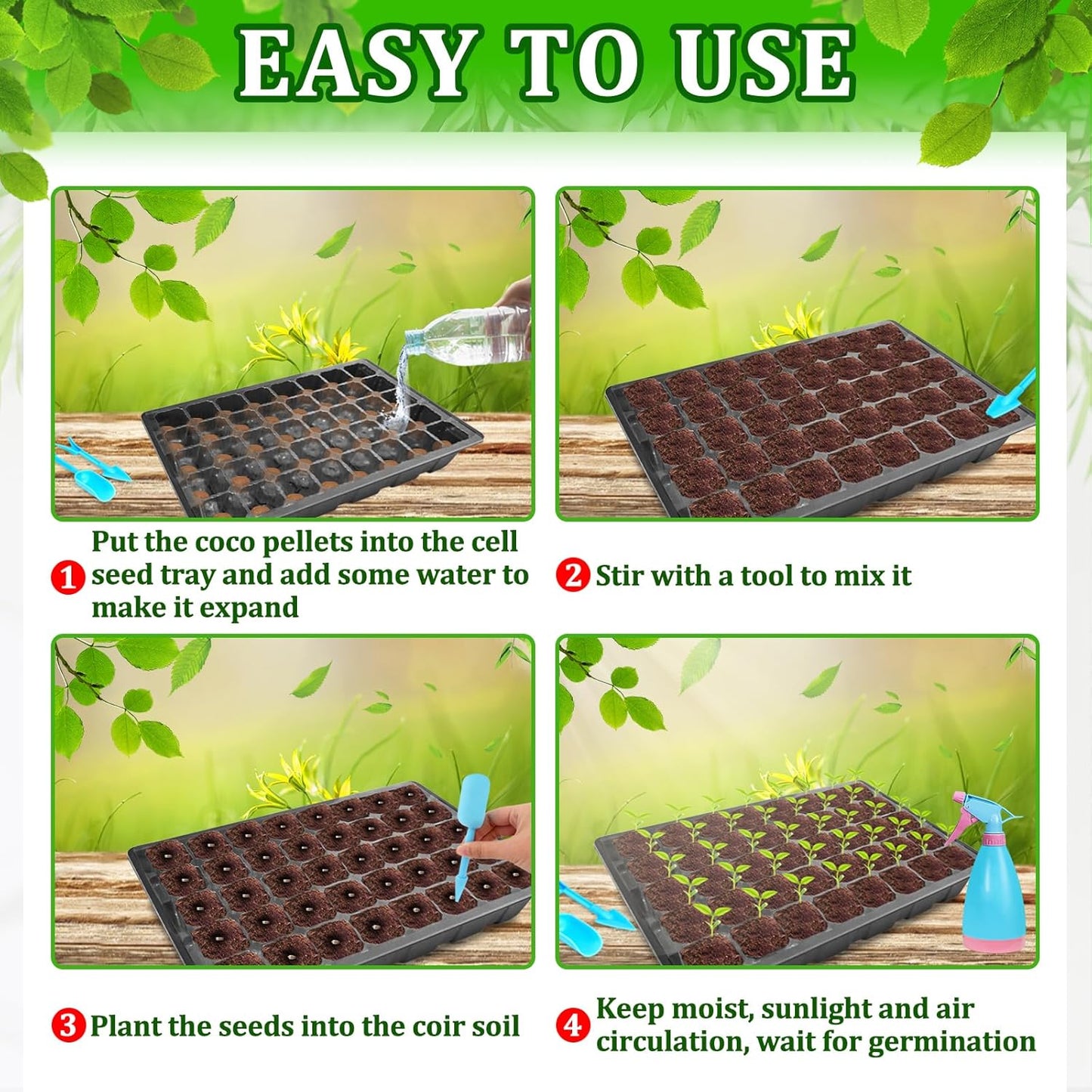 Halatool 2 Pack 80 Cells Seed Starter Trays with 80 PCS Coco Pellets, Black Seedling Starter Kit for Seedlings, Organic Seed Starting Soil Pods for Plant Germination, Planting Vegetables Flowers Seeds