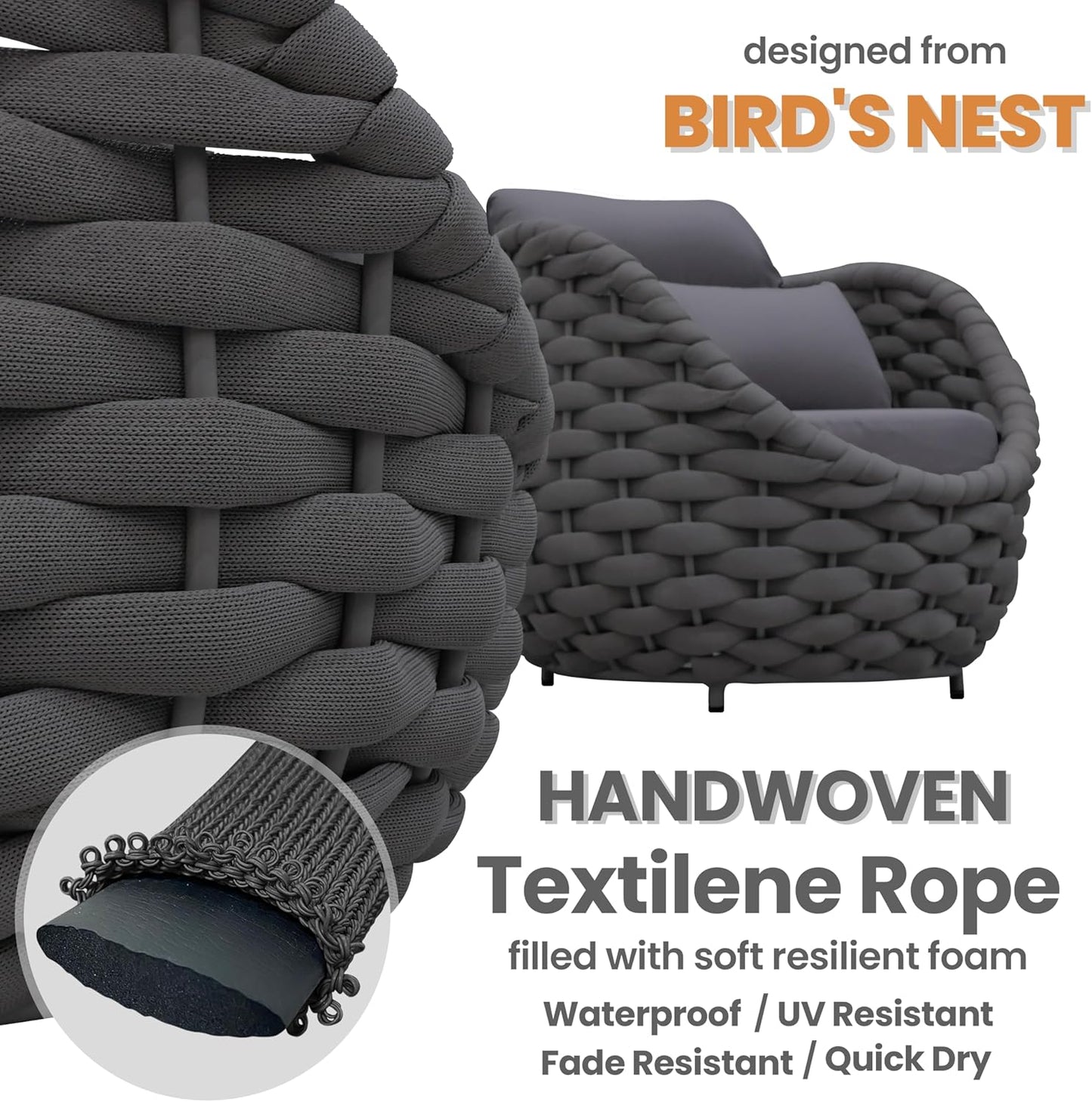 Woven Rope Patio Furniture Set: 4 Pieces Aluminum Outdoor Conversation Sofa Set Assembled - Modern Couch Set Cushioned - All Weather Metal Porch Seating for 5 Person Deck Garden Hotel, Dark Gray