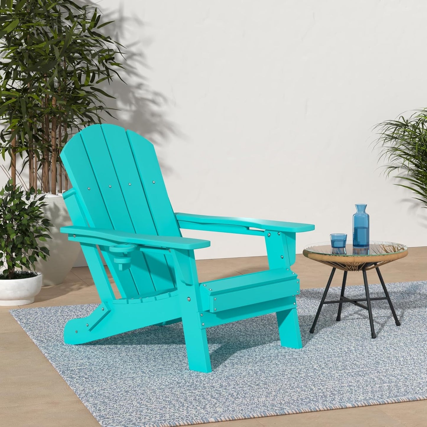GREENVINES Folding-Adirondack-Chairs-Set-of-2 | HDPE Plastic | Fire Pit Chair | All Weather | Cup Holder | Aqua | for Deck Backyard Patio Outdoor Garden