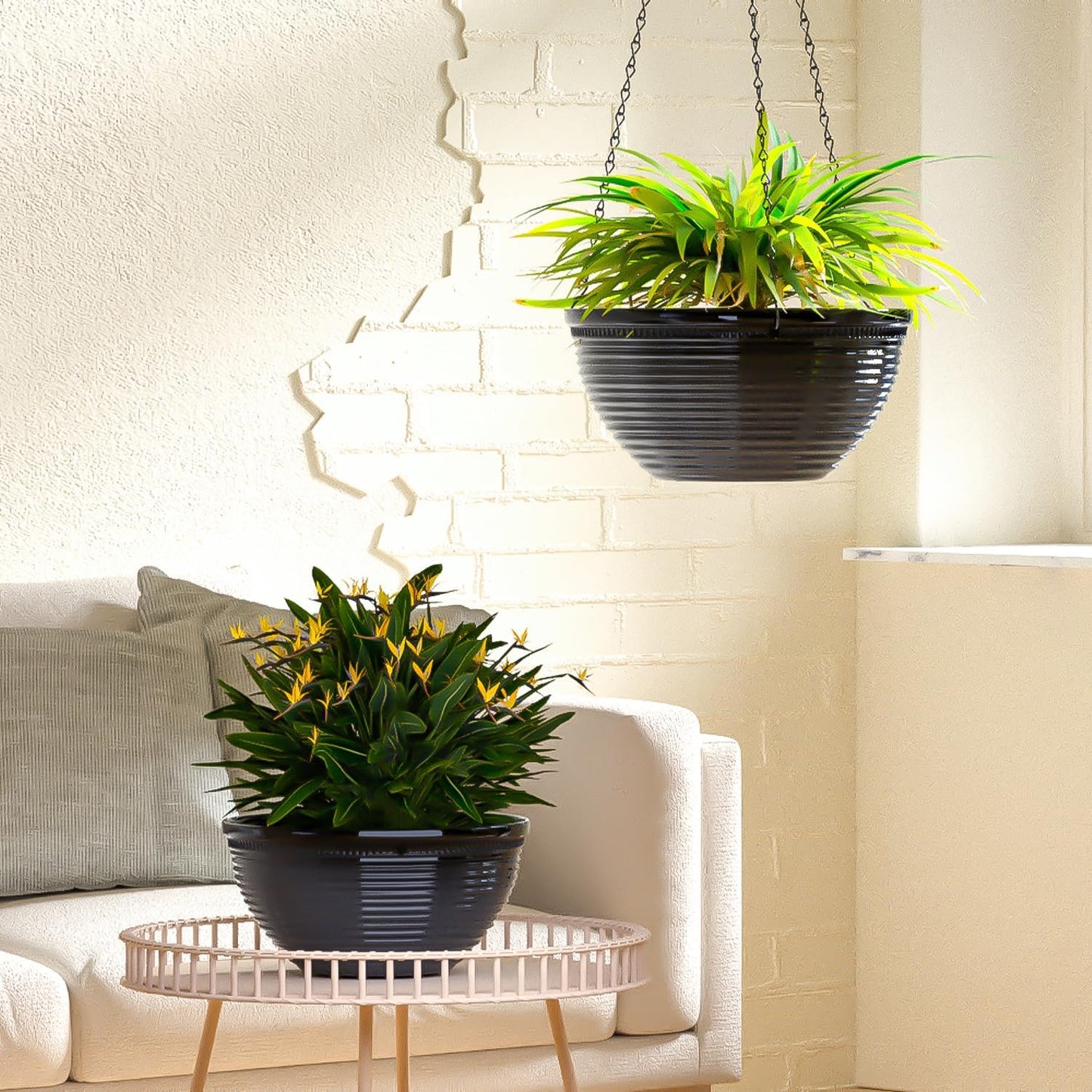 2 Pack Hanging Planters for Indoor Outdoor Plants, 10 Inch Hanging Planter with Drainage Hole & Plug Glazed Hanging Baskets Flower Pots for Garden Home (Black)