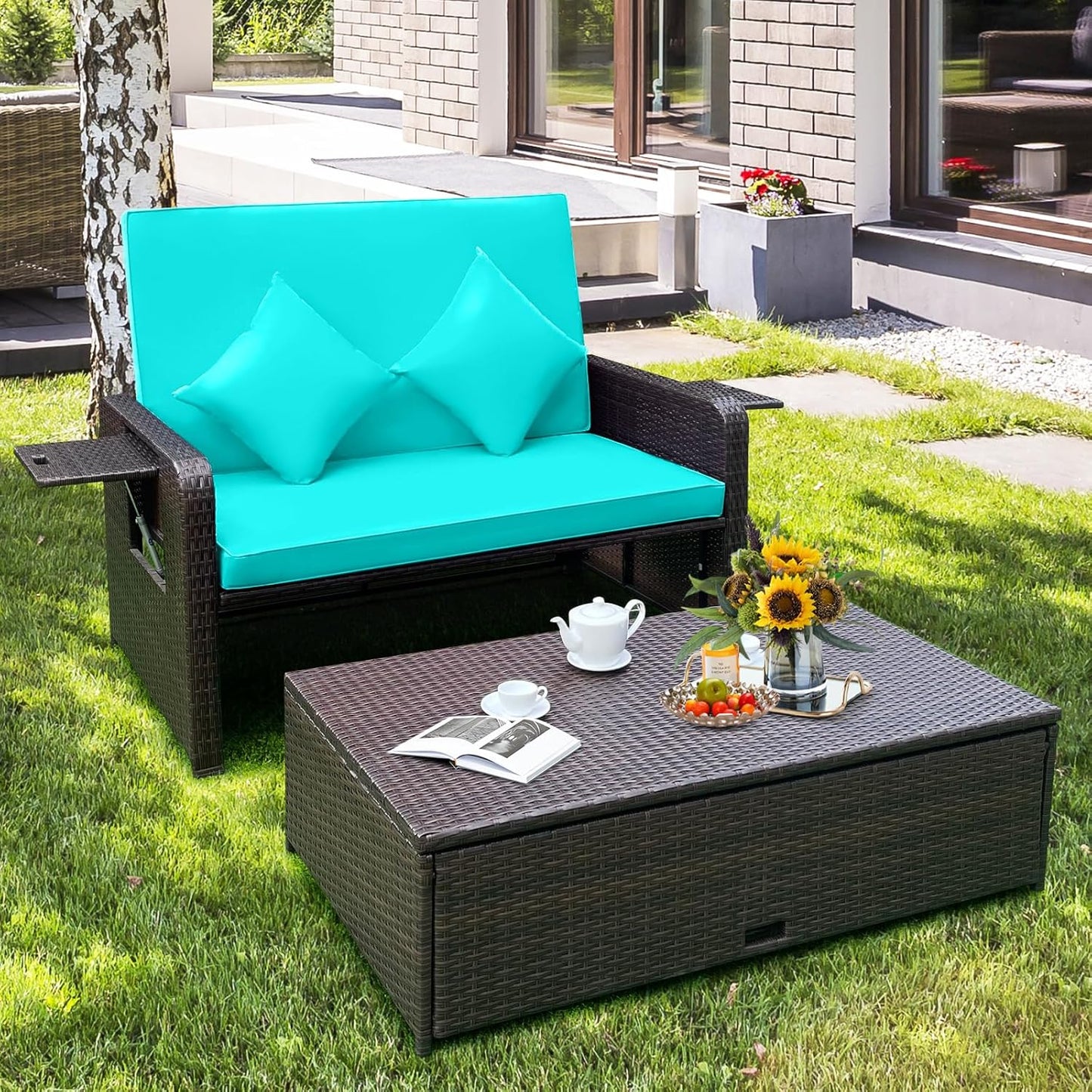 Tangkula Patio Rattan Daybed Set, Wicker Loveseat Sofa w/Multipurpose Ottoman & Retractable Side Tray, 4-Level Adjustable Backrest, Footstool w/Storage, Soft Cushion Included (Turquoise)