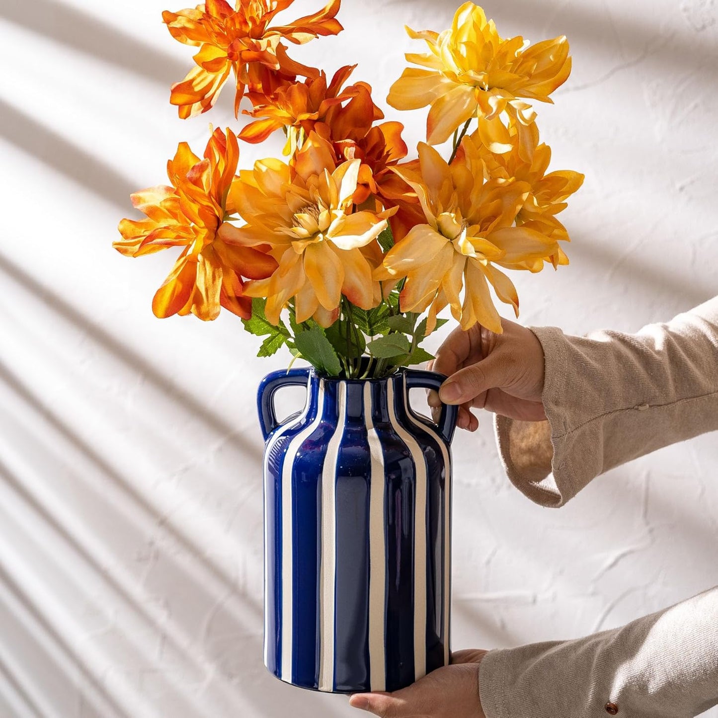 Ceramic Blue and White Checkered Stripes Vase with Handles, Modern Bohemian Floral Navy Blue Vases for Centerpieces, Cottage Core Home Decor, Flower Vases for Bouquet Mantle Bedroom Bookshelf 9.1 in