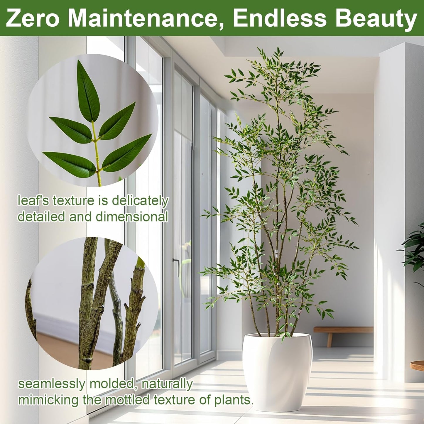 7.2ft Faux Bamboo Tree Artificial Nandina Tree Artificial Indoor Plants Realistic Fake Potted Tree with 800+ Leaves, Cement Planter - Home Office Decor Perfect for Housewarming Gift Non-Toxic