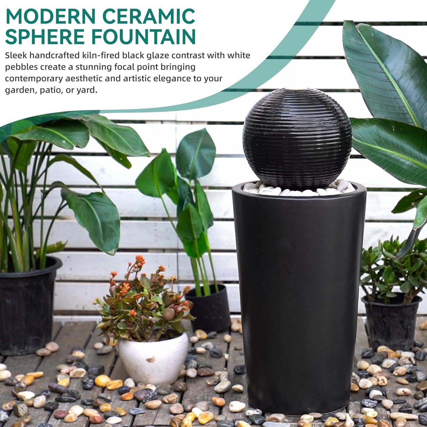 30" H Ceramic Sphere Water Fountain with LED Light, Modern Minimalist Design, Black Glaze with White Pebbles, Soothing Trickling Water Feature, Adding Artistic Charm & Tranquil Ambiance