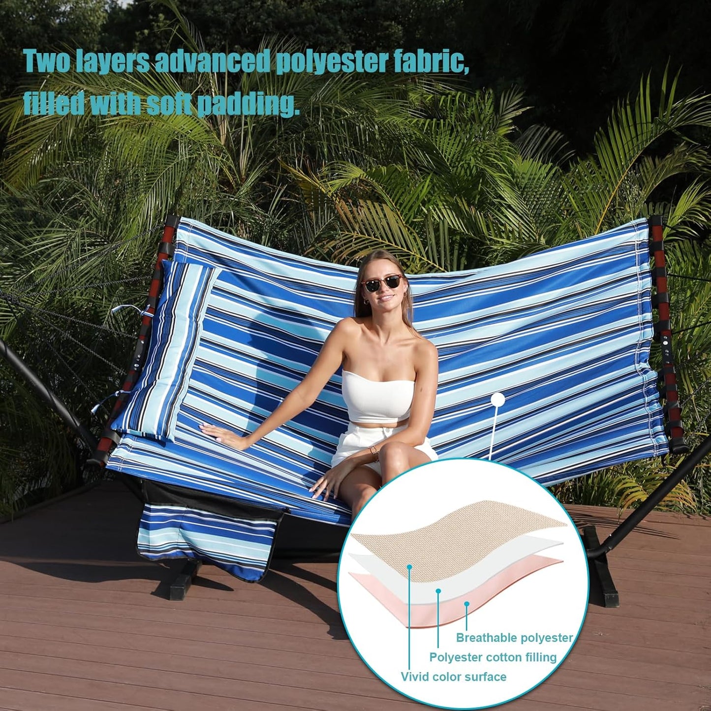 TegerDeger 12FT 2 Person Hammock Large Hammock 450LB Capacity with V Shaped Hardwood Spreader Bar & Nylon Rope for Outside, Patio, Garden, Backyard, Beach, Poolside - Blue Stripes