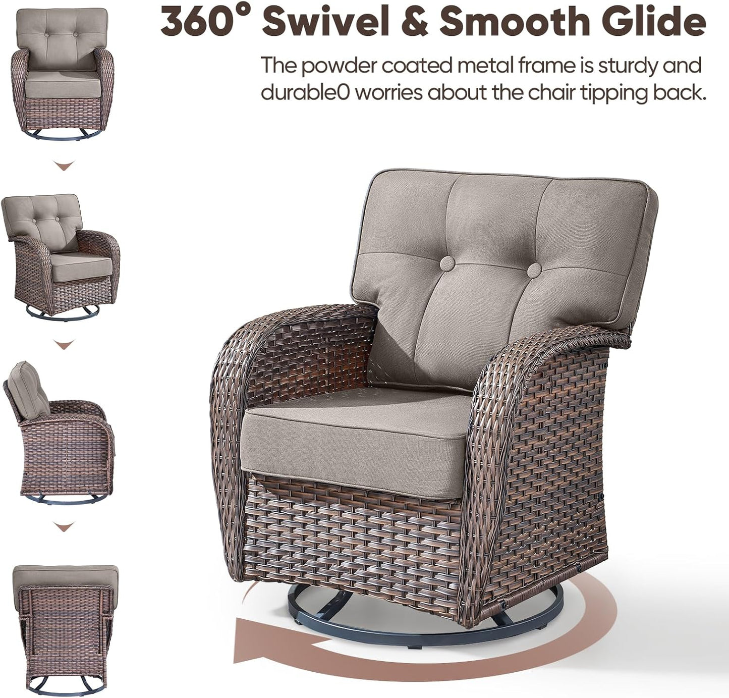 9-Piece Rotating Balcony Chair Set with 31-inch T-Shaped Wide backrest - Rattan Outdoor Rotating Balcony Chairs, Wide backrest Comfortable Outdoor Sliding Chair - Brown | Grey