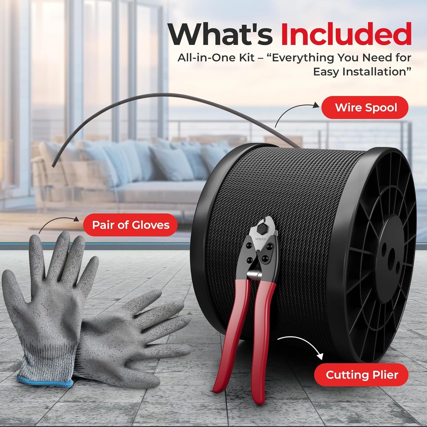 1000FT 1/8" T316 Stainless Steel Cable - 7x7 Strands Wire Rope - Black Phosphate Coating - Cable Cutters & Gloves Included - Aircraft Cable for Indoor & Outdoor - Cable Railing Stair