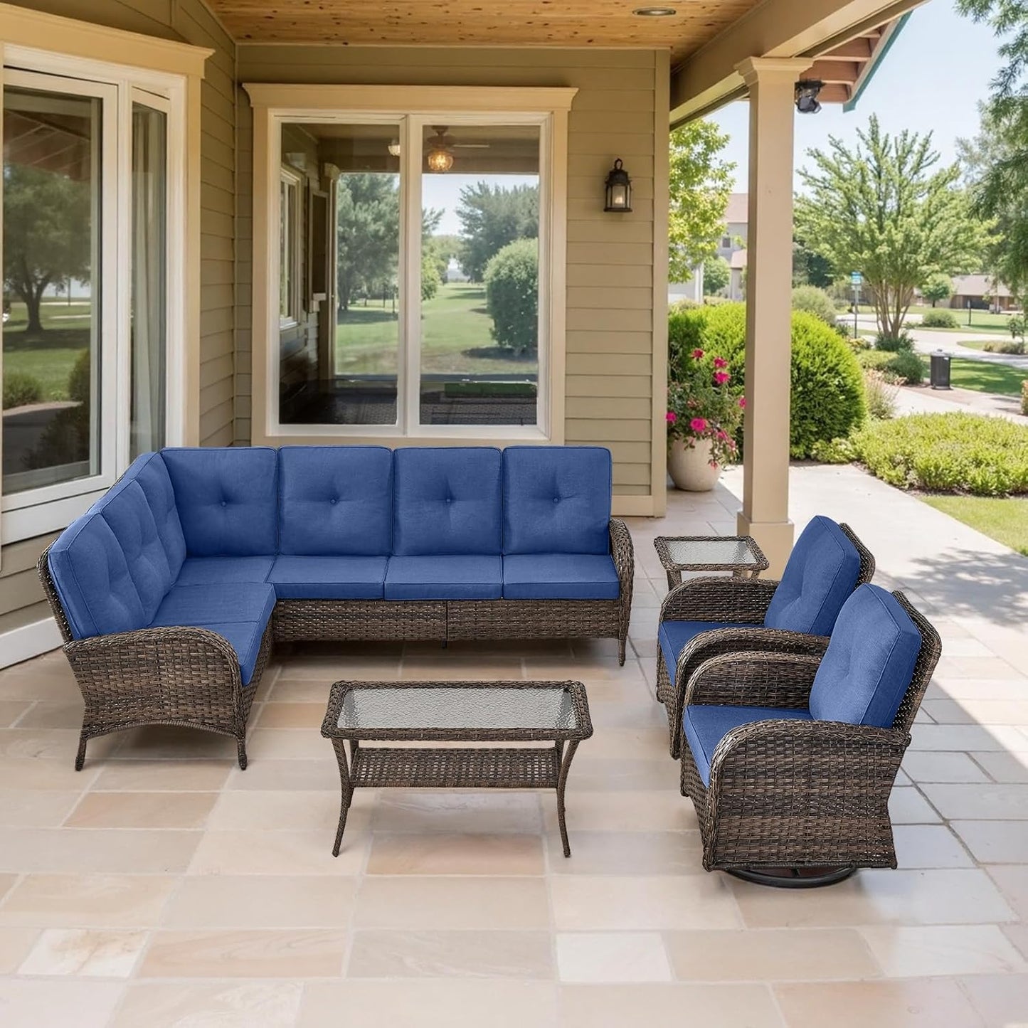 Outdoor Furniture Set - 6 Pieces Patio Conversation Sectional Sofa Set with Swivel Rocker Outdoor Chairs Set of 2 and Wicker Coffee Table for Deck Backyard Sunroom Brown