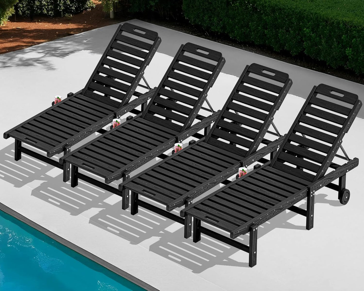 SERWALL Patio Chaise Lounge Set of 4, HDPE Outdoor Lounge Chair with Cup Holder, 5 Positions Adjustable Poly Lounge Chair with Rolling Wheels for Poolside, Deck, Sunbathing, Black