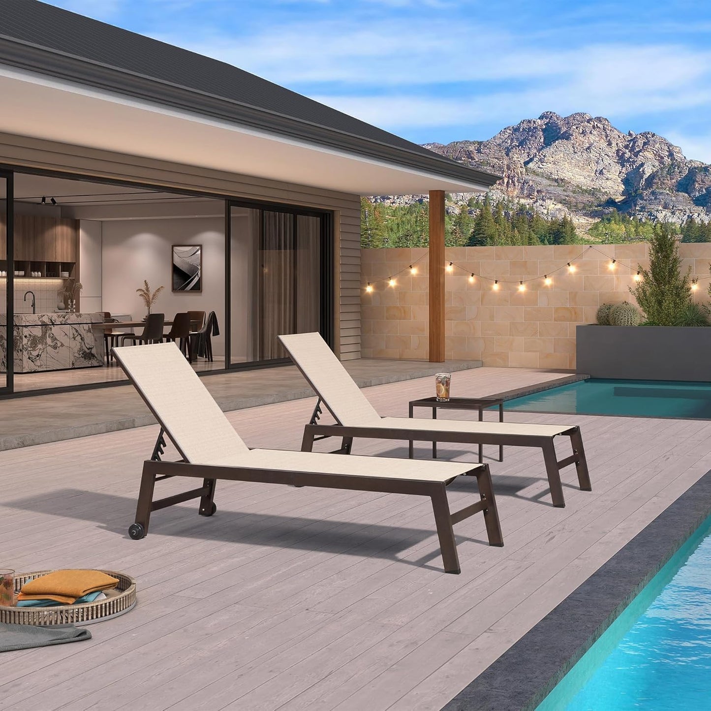 PURPLE LEAF Patio Chaise Lounge Set of 3, Outdoor Chaise Lounge with Adjustable Backrest and Wheels for Deck, Pool, Lawn, Garden, Waterproof & Easy Assembly, Cream