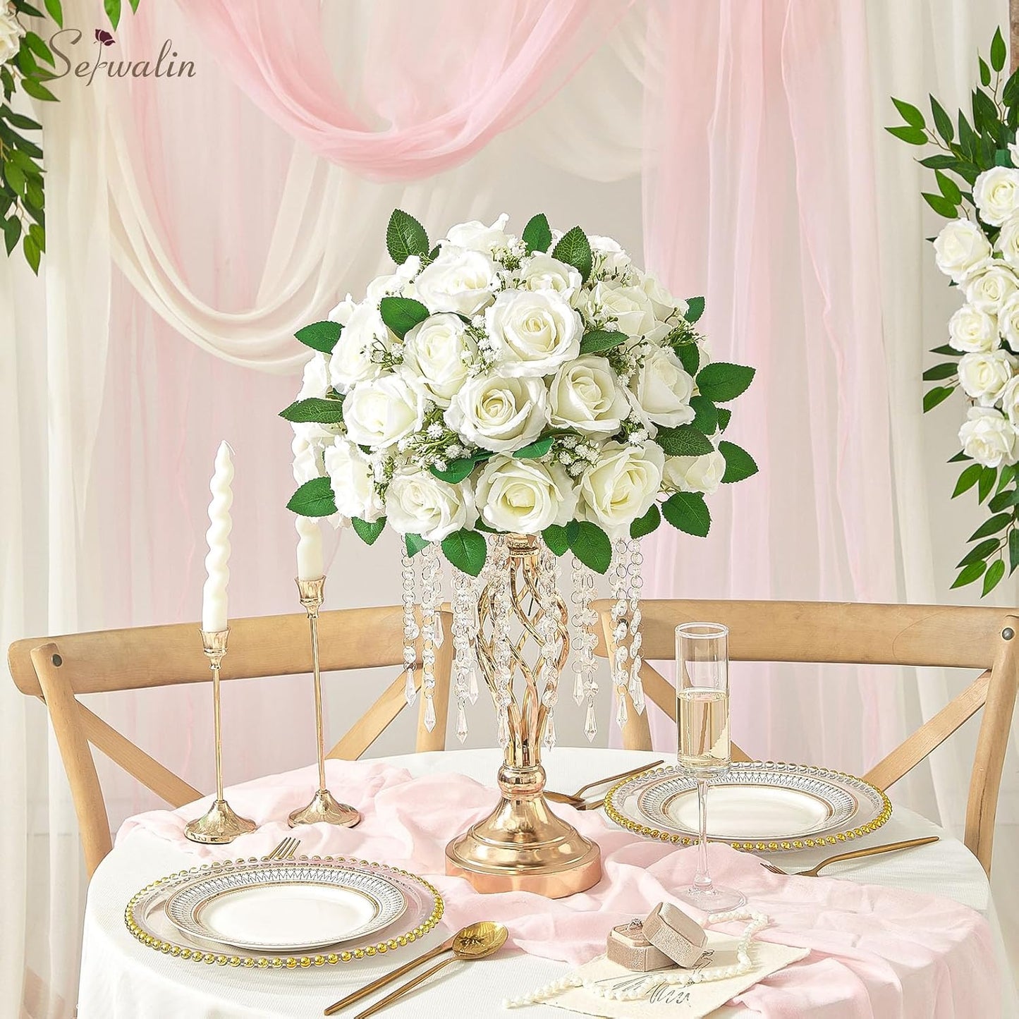 Serwalin 30PCS Artificial White Roses, Fake Silk Roses with Long Stems, Realistic Roses Flowers for Wedding Centerpieces Bridal Bouquet Party Home Office Decor