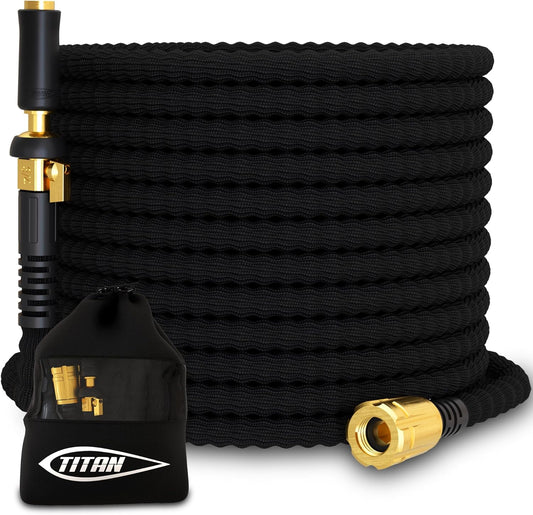 TITAN Flexible Garden Hose 65FT – Ultra Lightweight, Heavy Duty Water Hose with Brass Fittings & Jet Nozzle – Kink-Free, Non-Expanding, Durable Fabric Hose for Yard, Lawn, Car Wash, Outdoor Use